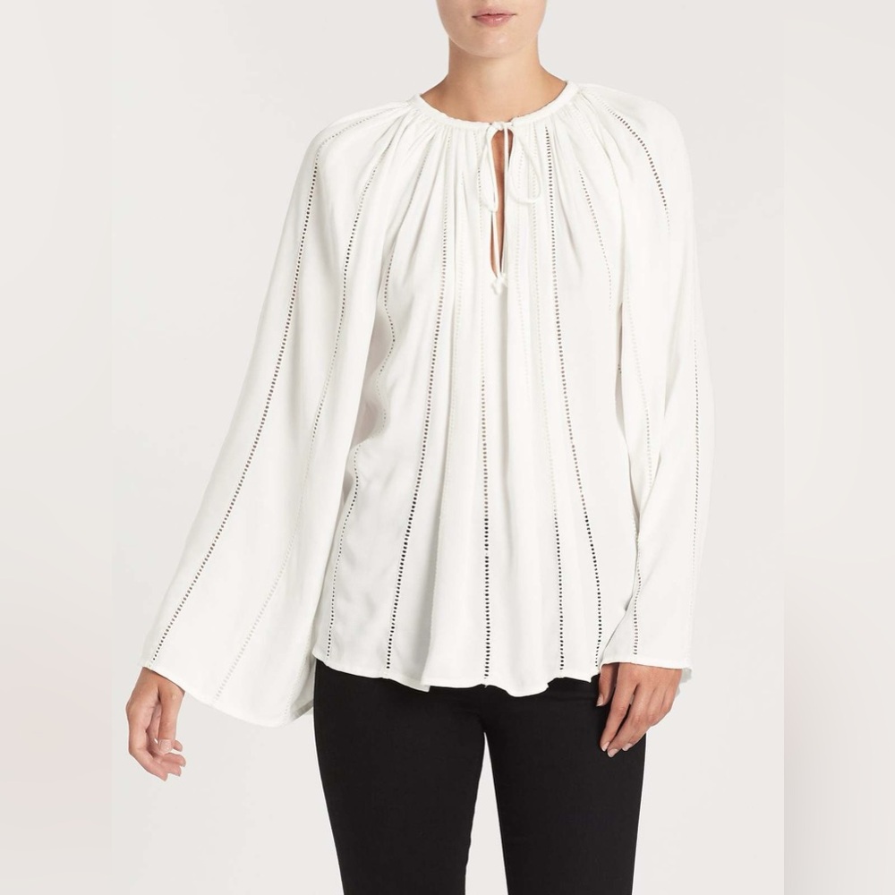 NWT $328 Frame Lattice Long-sleeve V-neck Peasant Top In Off White